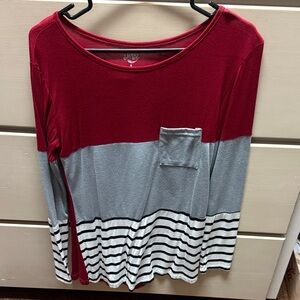Tickled Teal Red and Gray Striped Long Sleeve Top